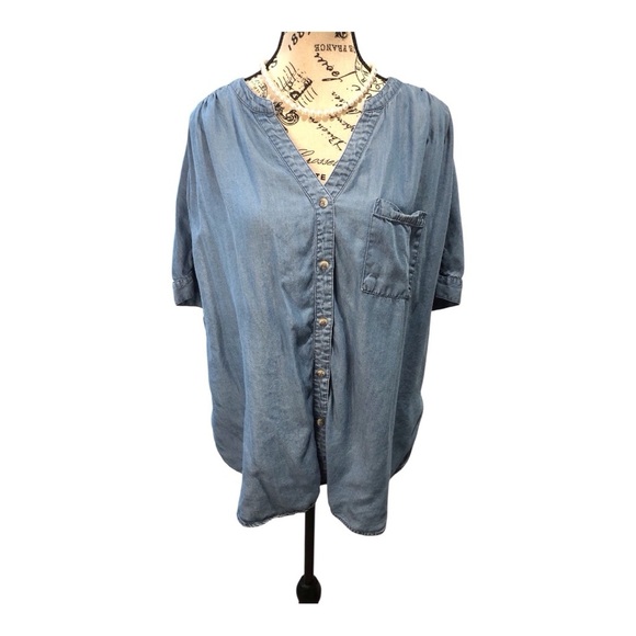 Sharango XL Chambray Denim Gathered Oversized Blouse Pocket Dolman S/S Lyocell - Picture 1 of 6